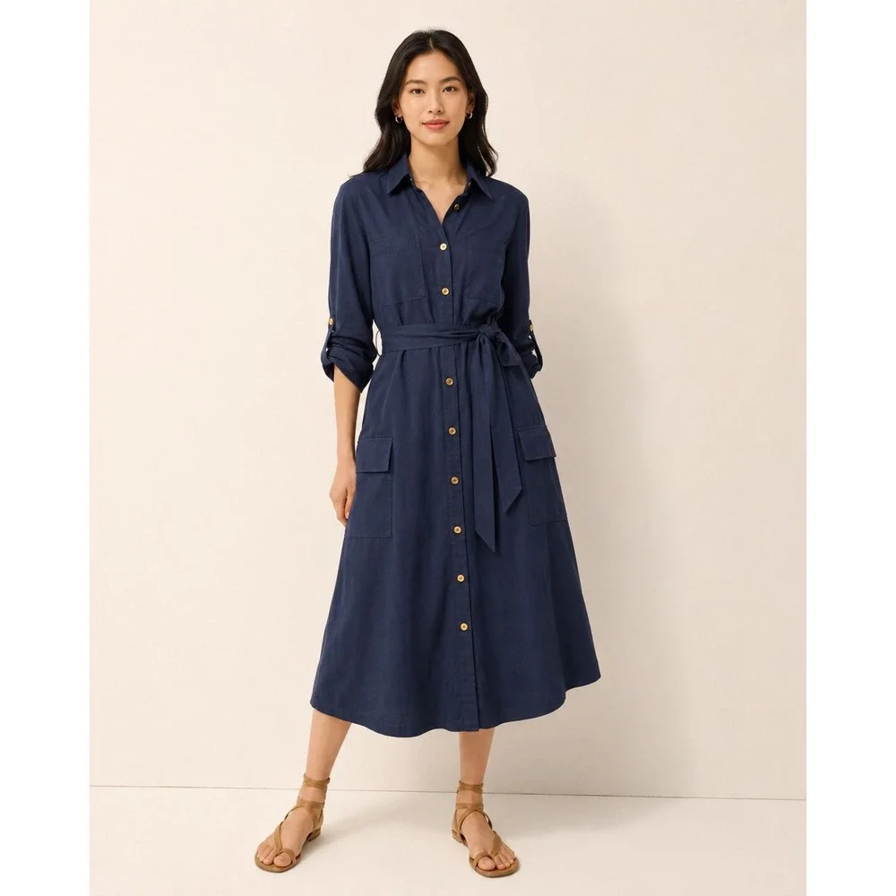 Michael Kors Navy Button-Front Shirt Dress with Waist Tie